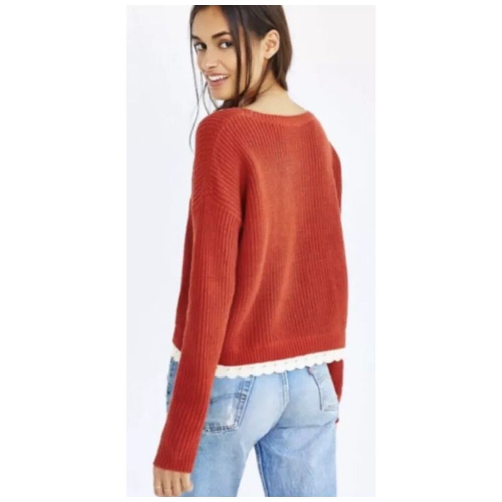 KIMCHI BLUE Burnt Orange Cropped Cable Knit Fall Crochet Lace Trim Sweater - Picture 2 of 6
